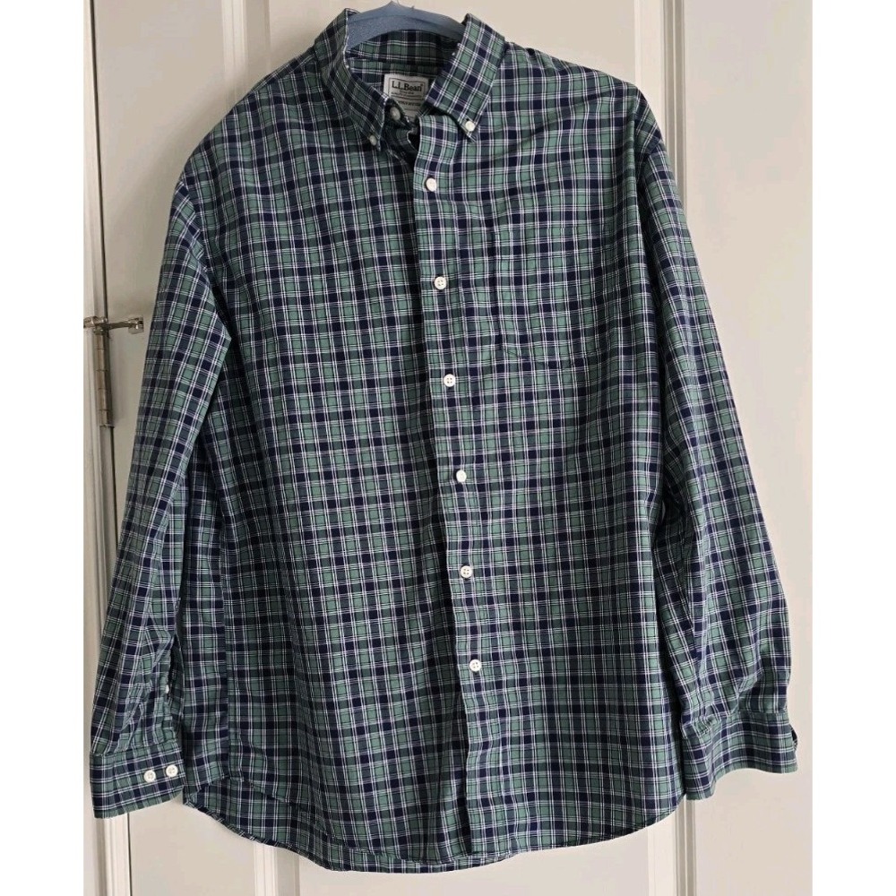 L.L.Bean Men's Plaid navy & green  Long Sleeve Button Down Shirt size‎ Large